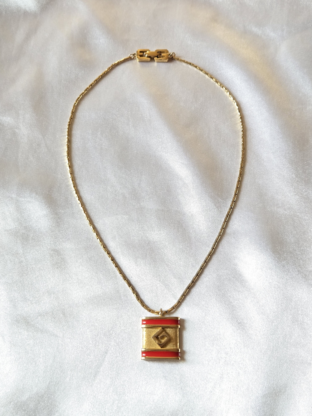 Givenchy Vintage 1980's Gold Tone Necklace with Red Enamel Stripes